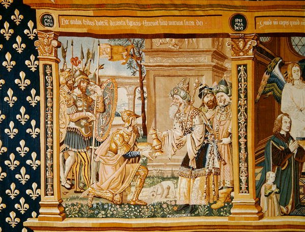Abraão recebendo pão e vinho de Melquisedeque, detalhe de uma tapeçaria dedicada à Eucaristia, 1510 de French School