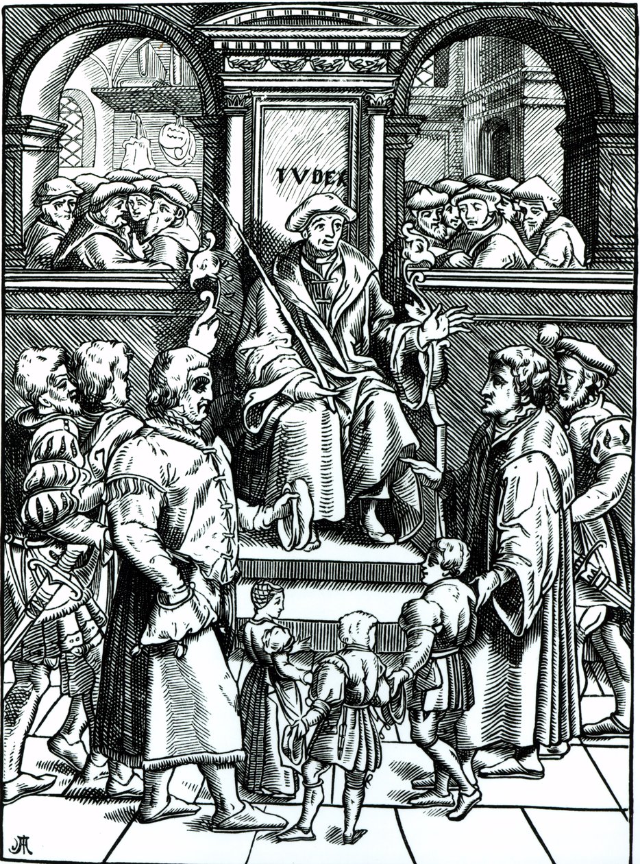 Adoção de crianças órfãs no Tribunal Superior do Grande Bailiwick, depois de uma xilogravura em &39;Refúgio e Garand des Pupilles, Orfelins&39; por Joos de Damhouder (1507-81) publicou Antuérpia, 1557 ( de French School