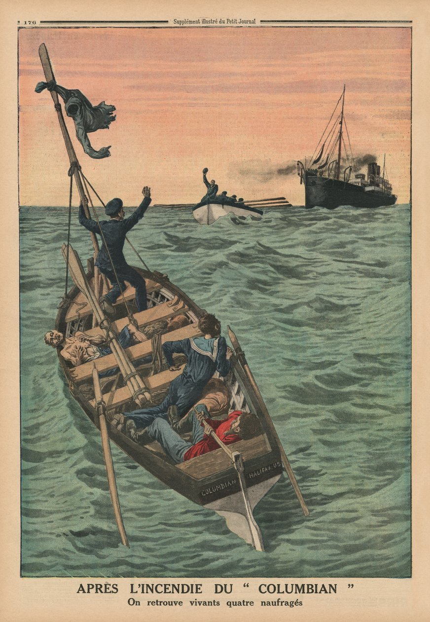 Após o incêndio do colombiano, quatro pessoas naufragadas são encontradas vivas, ilustração da capa do "Le Petit Journal", suplemento ilustrado, 31 de maio de 1914 de French School