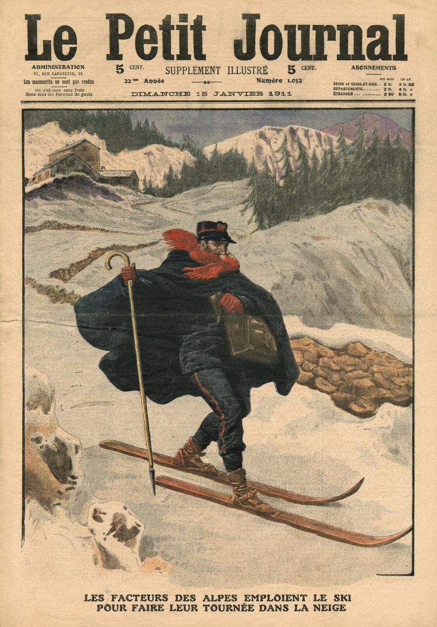Carteiros alpinos usando esqui durante suas rodadas na neve, ilustração de &39;Le Petit Journal&39;, suplemento illustre, 15 de janeiro de 1911 de French School