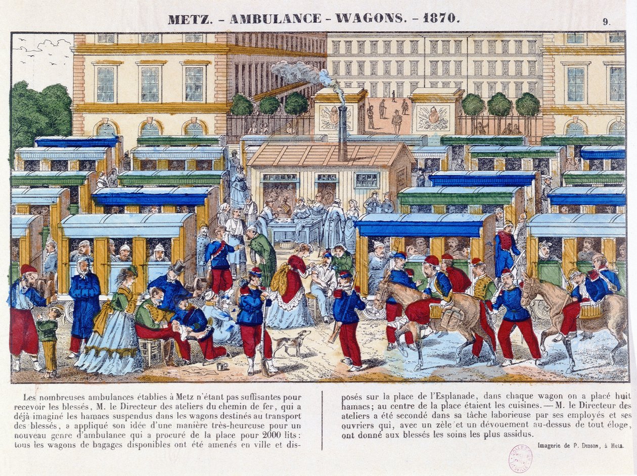 Trem de ambulância em Metz durante a Guerra Franco-Prussiana de 1870, c.1870-71 de French School