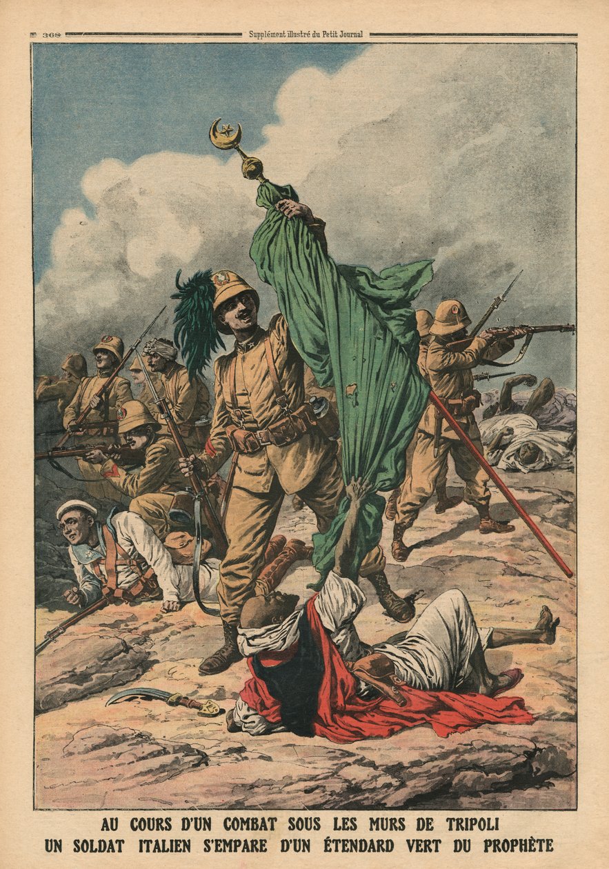Um soldado italiano apreendendo o padrão verde do Profeta Muhammed, ilustração de &39;Le Petit Journal&39;, suplemento ilustre, 12 de novembro de 1911 de French School