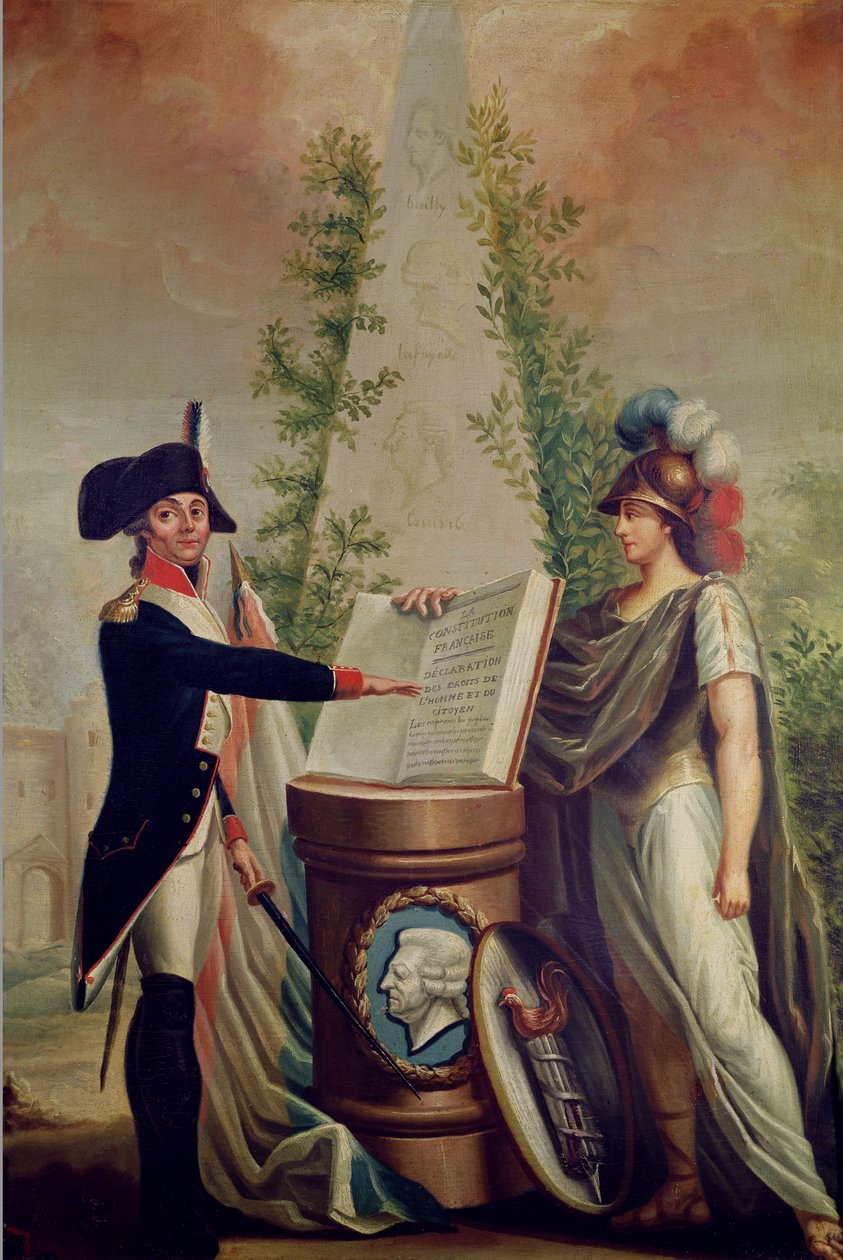 Um oficial da Guarda Nacional que faz um juramento de fidelidade perante o altar da Constituição e a Declaração dos Direitos do Homem (gravura a cores) de French School