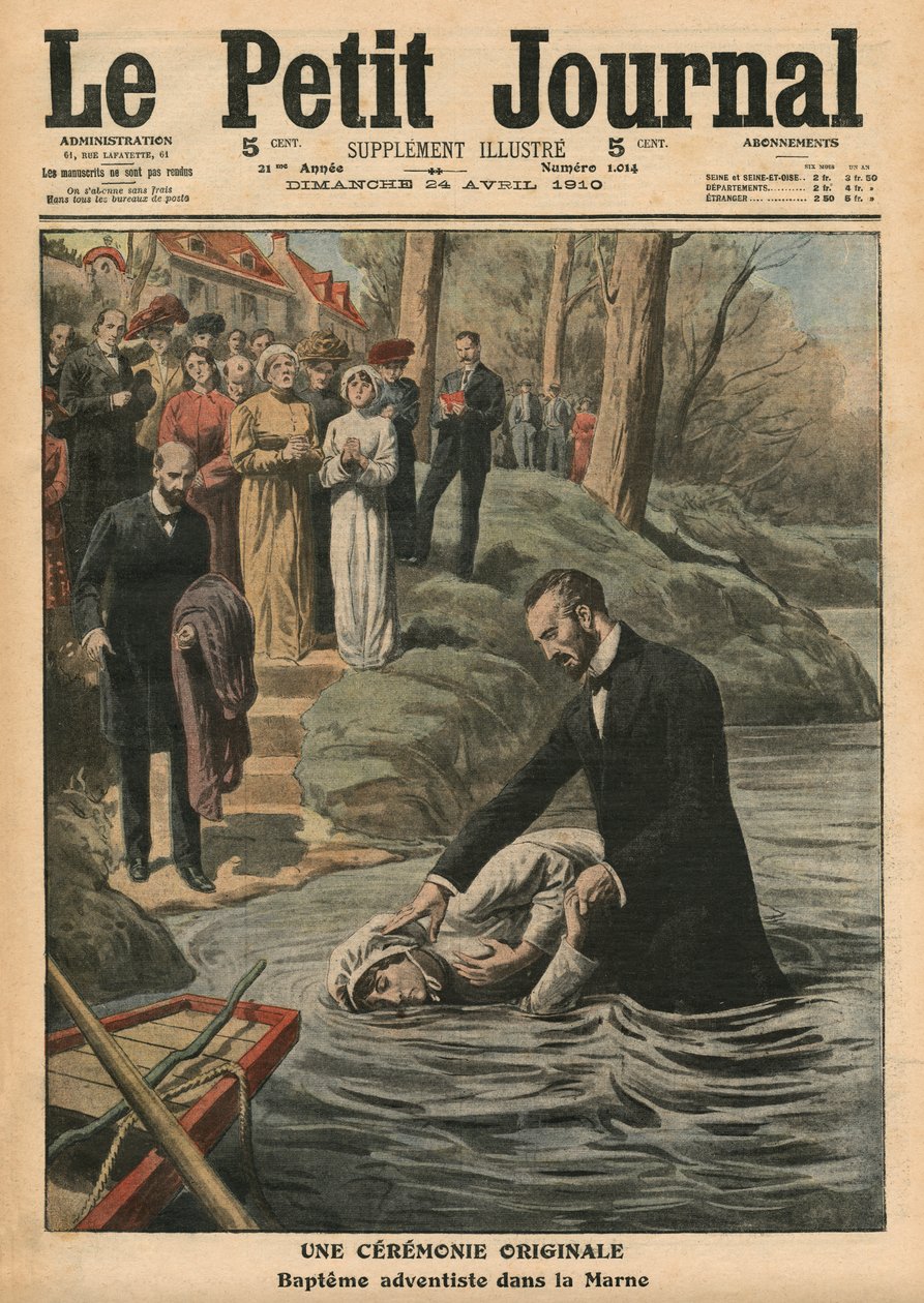 Uma cerimônia incomum, um batismo adventista em La Marne, ilustração de &39;Le Petit Journal&39;, suplemento ilustrado, 24 de abril de 1910 de French School