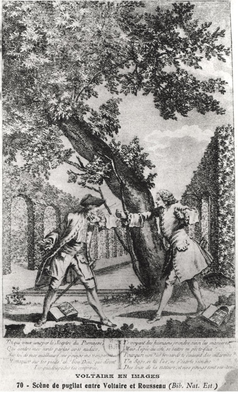Argumento entre Jean-Jacques Rousseau (1712-78) e Voltaire (1694-1778) de French School