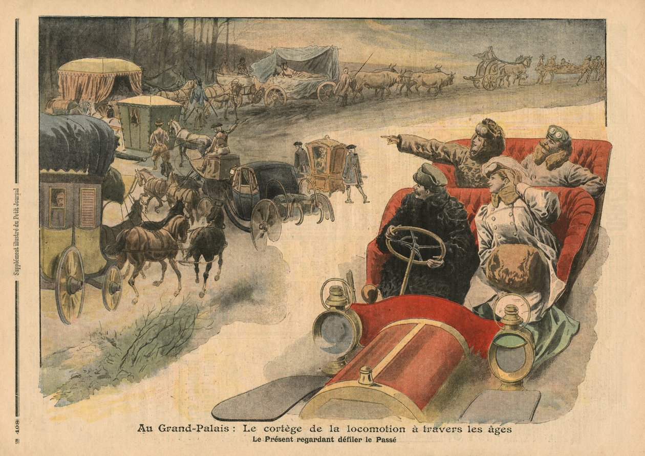 No Grand Palais, história da locomoção ao longo dos tempos, ilustração de &39;Le Petit Journal&39;, suplemento ilustre, 22 de dezembro de 1907 de French School
