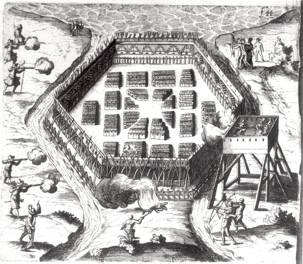 Ataque a uma aldeia iroquesa de "Viagens do Oeste da França, chamado Canadá" por Samuel de Champlain (1567-1635) de French School