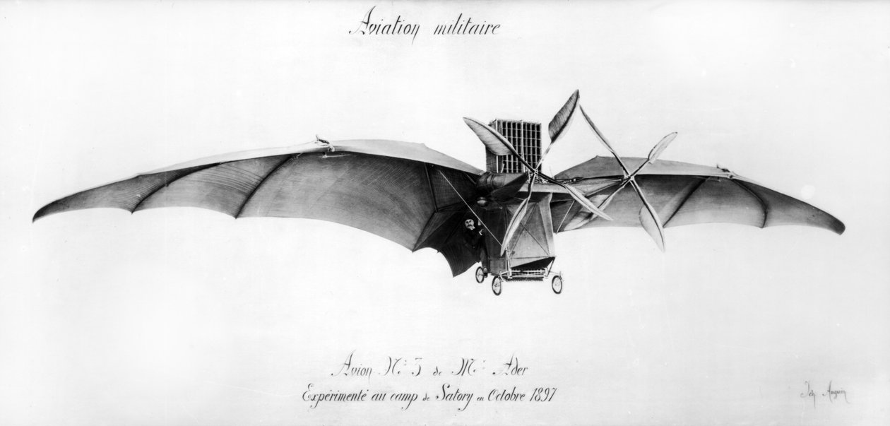 Avion III, &39;The Bat&39;, projetado por Clement Ader (1841-1925) no campo militar de Satory, outubro de 1897 de French School