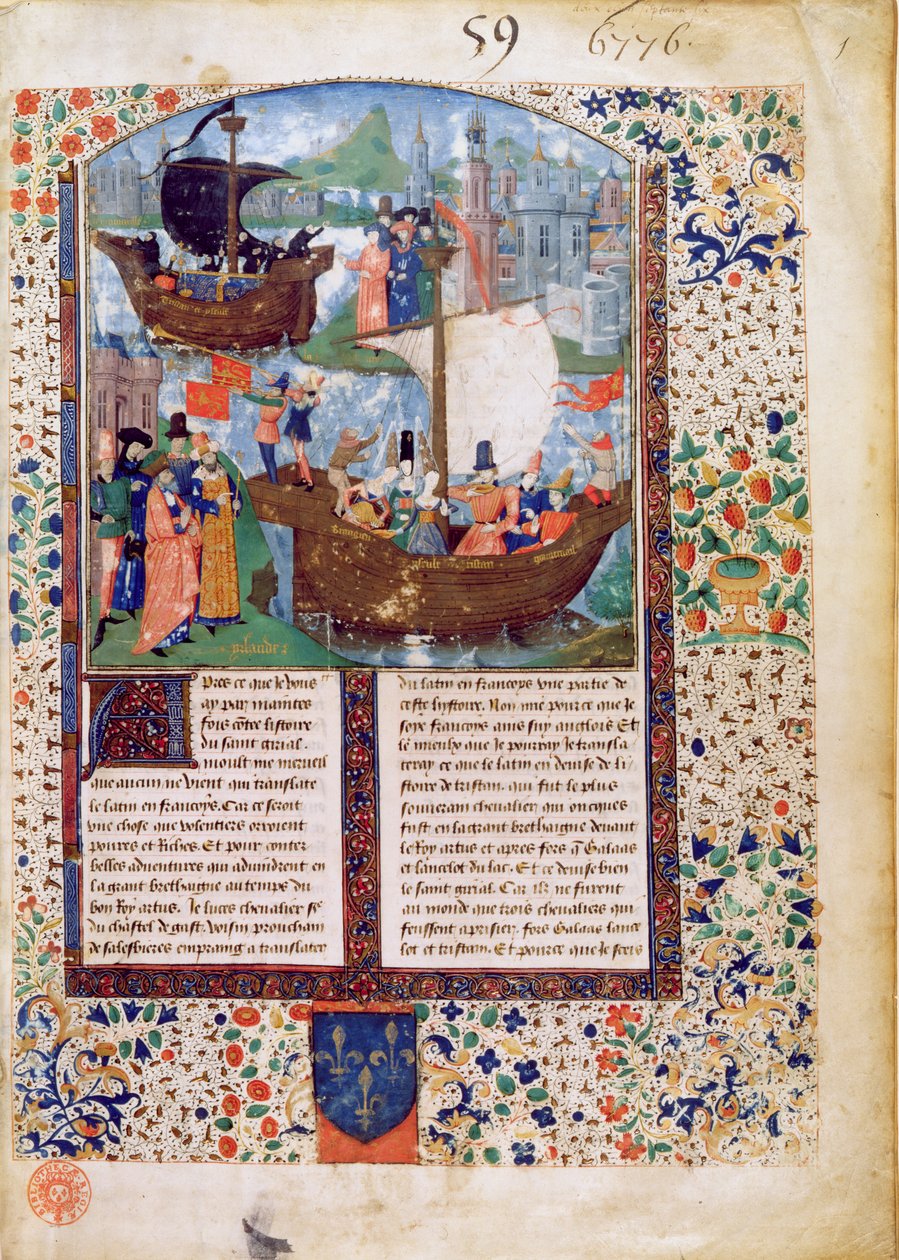 BNMs Fr 103 f.1 Tristan e Iseult deixam a Irlanda; Tristan bebe a poção; os corpos de Tristan e Iseult são levados para a Irlanda, traduzidos por Luce de Gast de French School