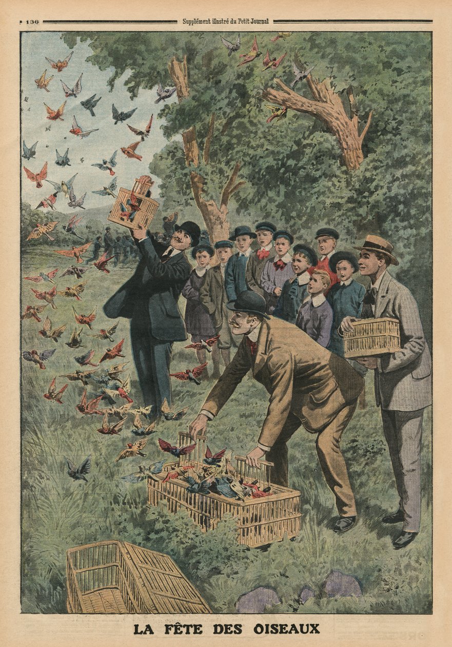 Dia dos Pássaros, ilustração da contracapa de &39;Le Petit Journal&39;, suplemento ilustrado, 27 de abril de 1913 de French School
