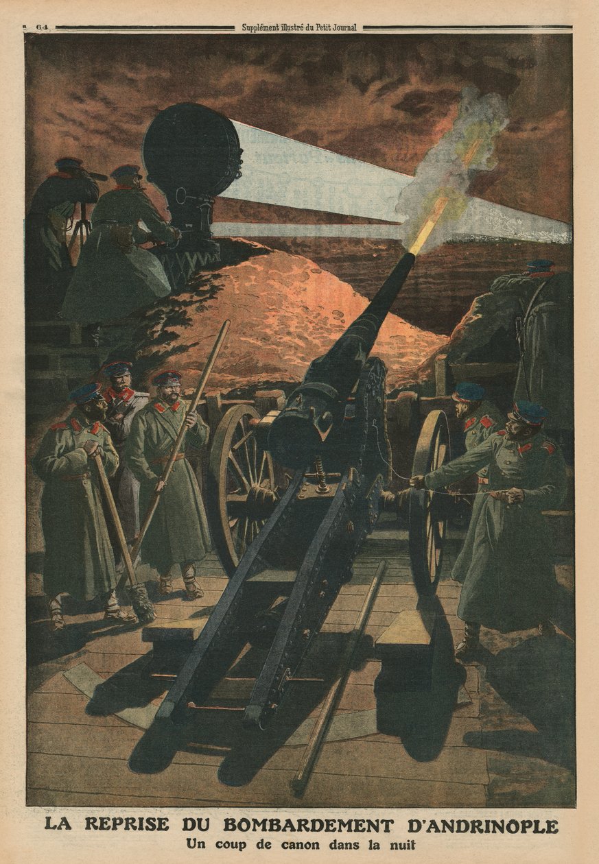 Bombardeio de Andrinople novamente, ilustração de capa traseira de &39;Le Petit Journal&39;, suplemento ilustre, 23 de fevereiro de 1913 de French School