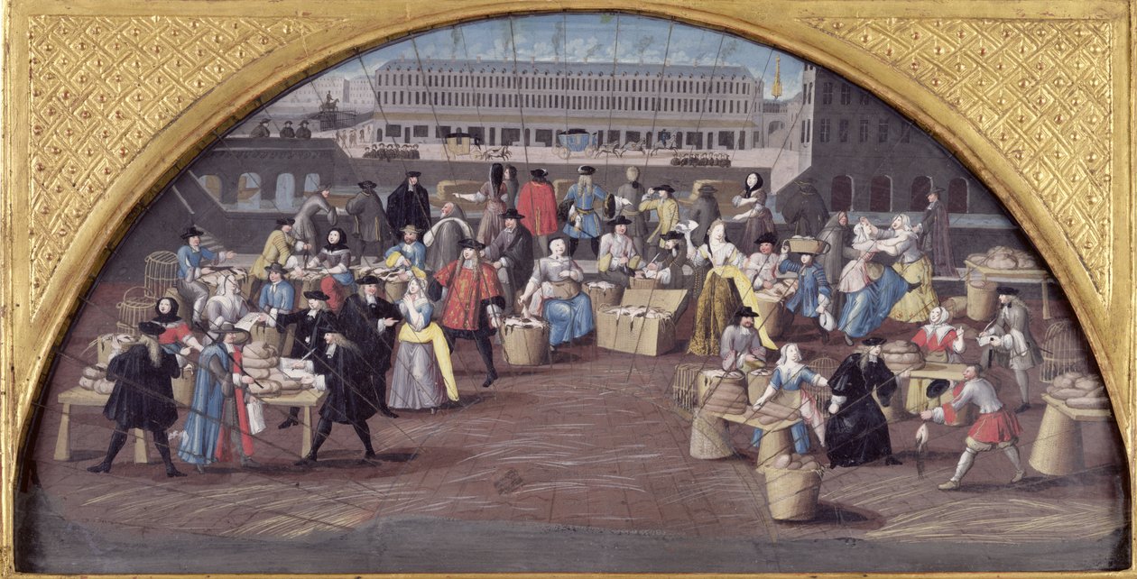 Mercado de Pães e Aves no Quai des Grands Augustins, projeto para um fã, c.1670 de French School