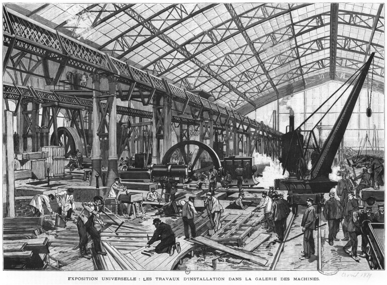 Canteiro de obras da Galerie des Machines na Exposição Universal de 1889, Paris, abril de 1889 de French School