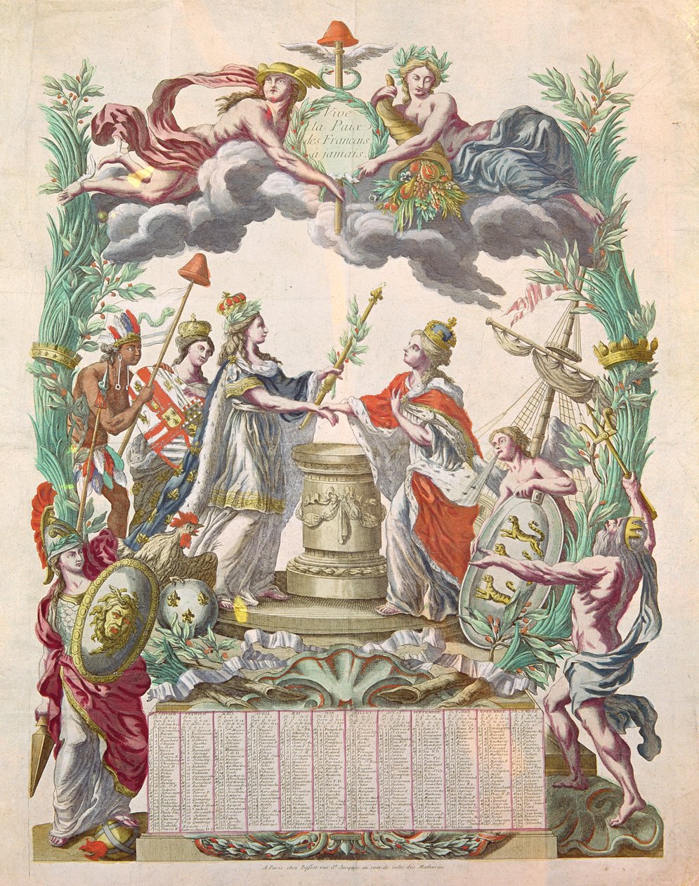 Calendário para o ano de 1783, comemorando o Tratado de Versalhes em 1768 em que a América ganhou sua independência de French School
