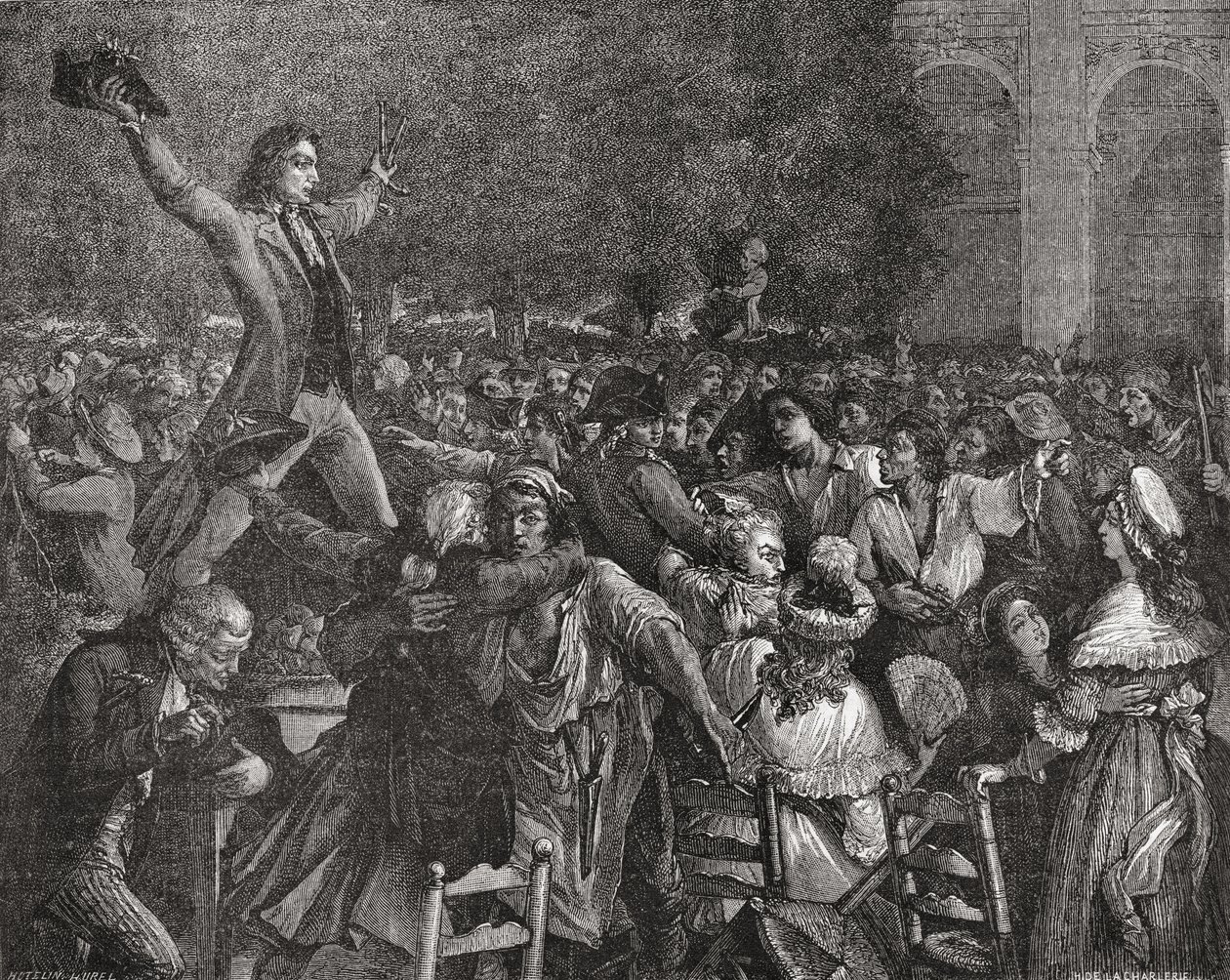 Camille Desmoulins (1760-94) falando no Palais Royal, em 12 de julho de 1789, gravado por Pierre Gabriel Berthault (1737-1831) de French School