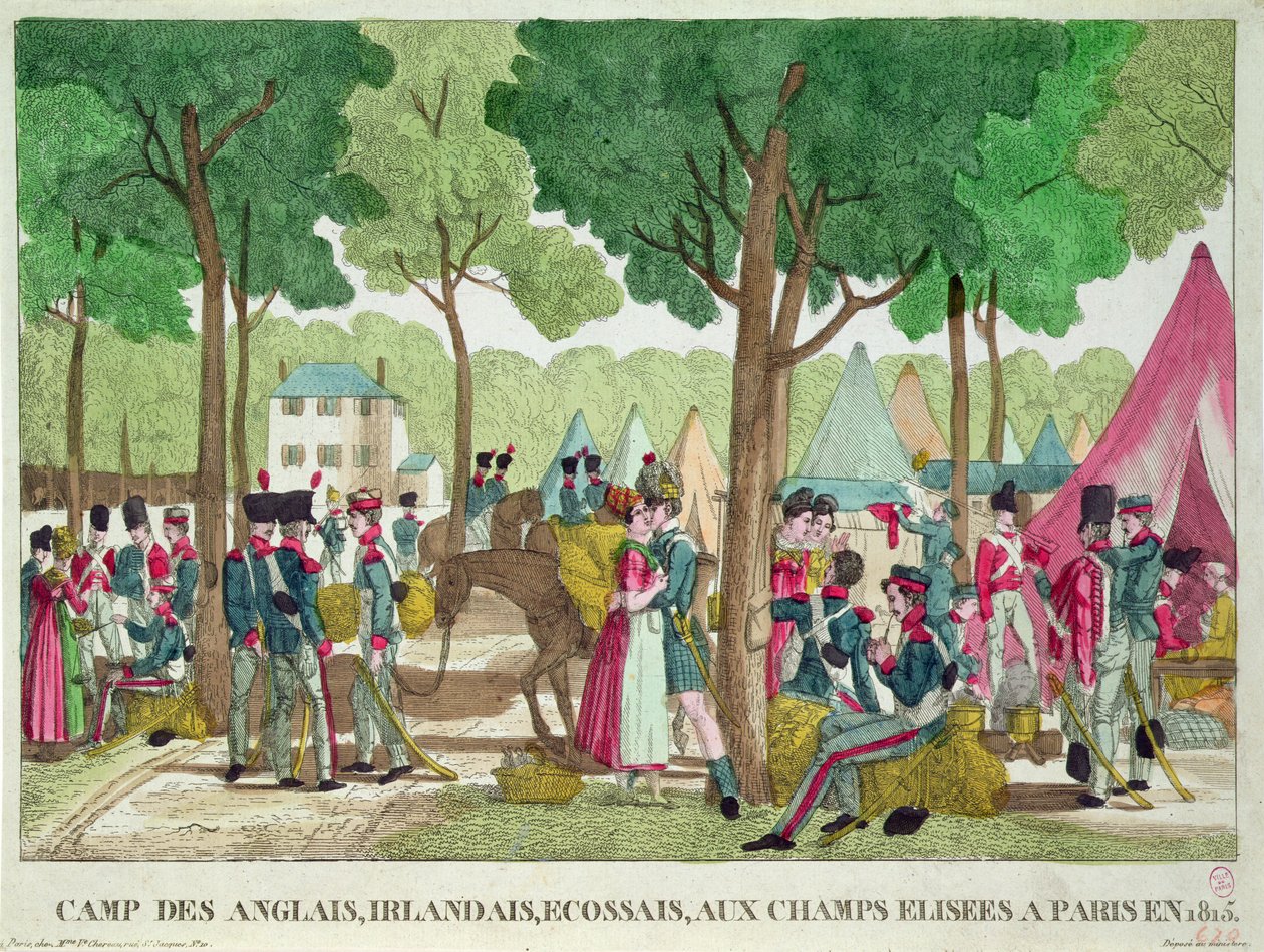 Acampamento dos soldados ingleses, irlandeses e escoceses nos Champs-Elysees em 1815 de French School