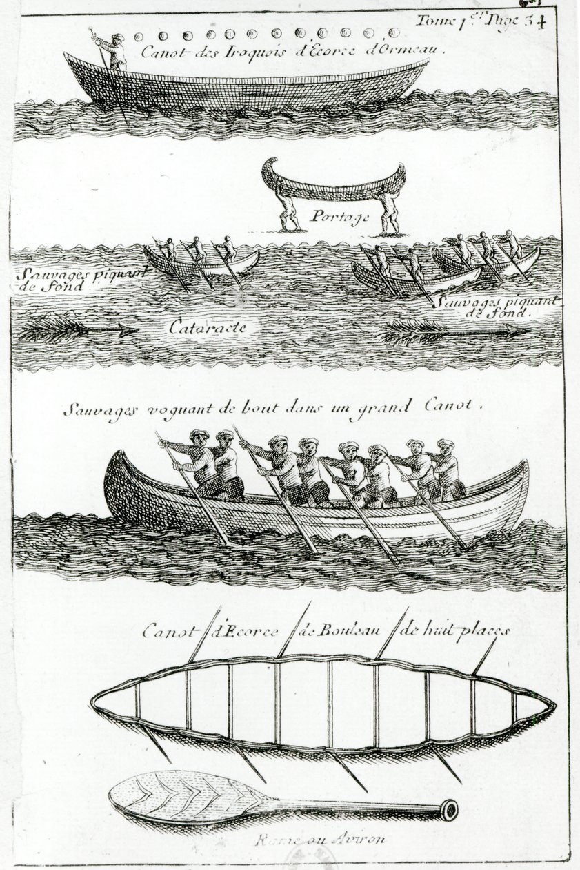 Canoa dos iroqueses, de &39;Diálogos do Barão Lahontan e um selvagem na América&39;, publicado em Amsterdã em 1704 de French School