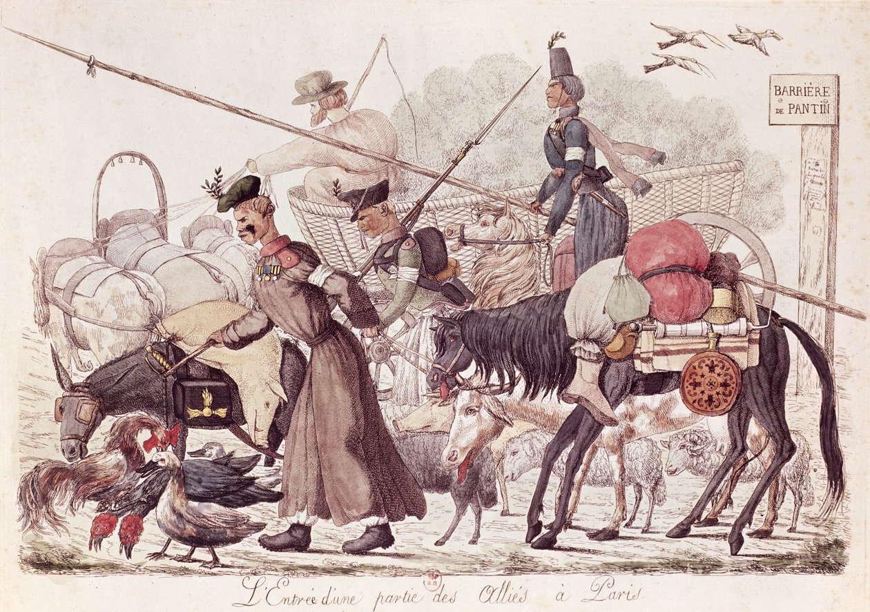 Caricatura representando a entrada em Paris de uma parte das tropas aliadas, 1814 (gravura colorida) de French School