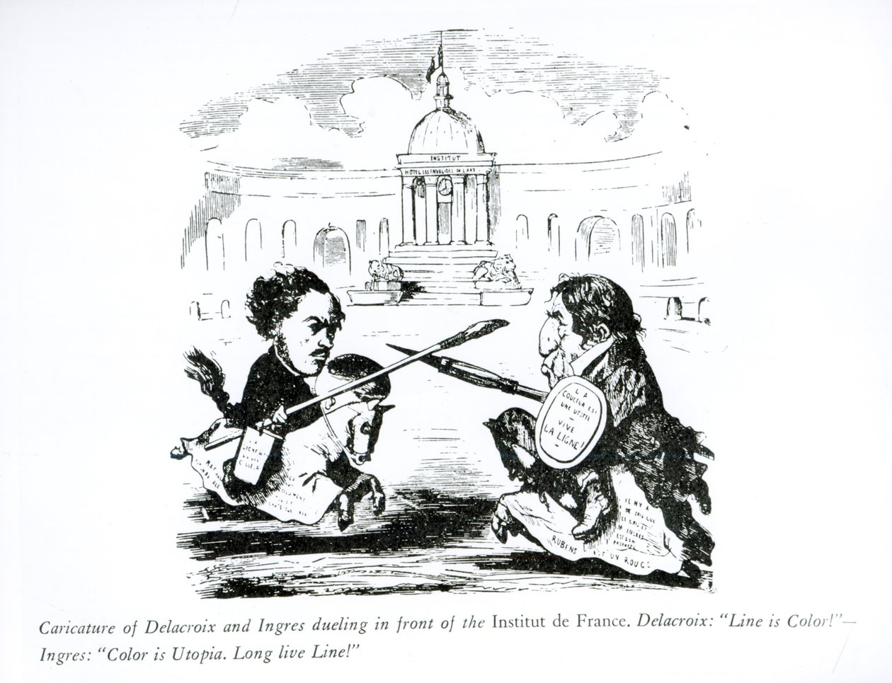 Caricatura de Delacroix e Ingres duelando em frente ao Institut de France, c.1828 de French School