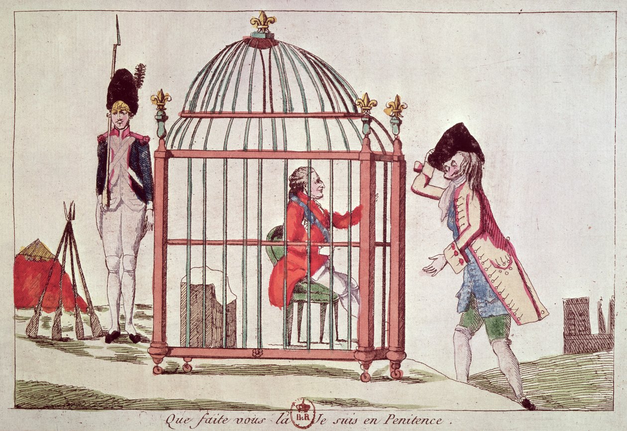 Caricatura de Luís XVI (1754-93) em uma gaiola após sua prisão em Varennes, 1791 de French School