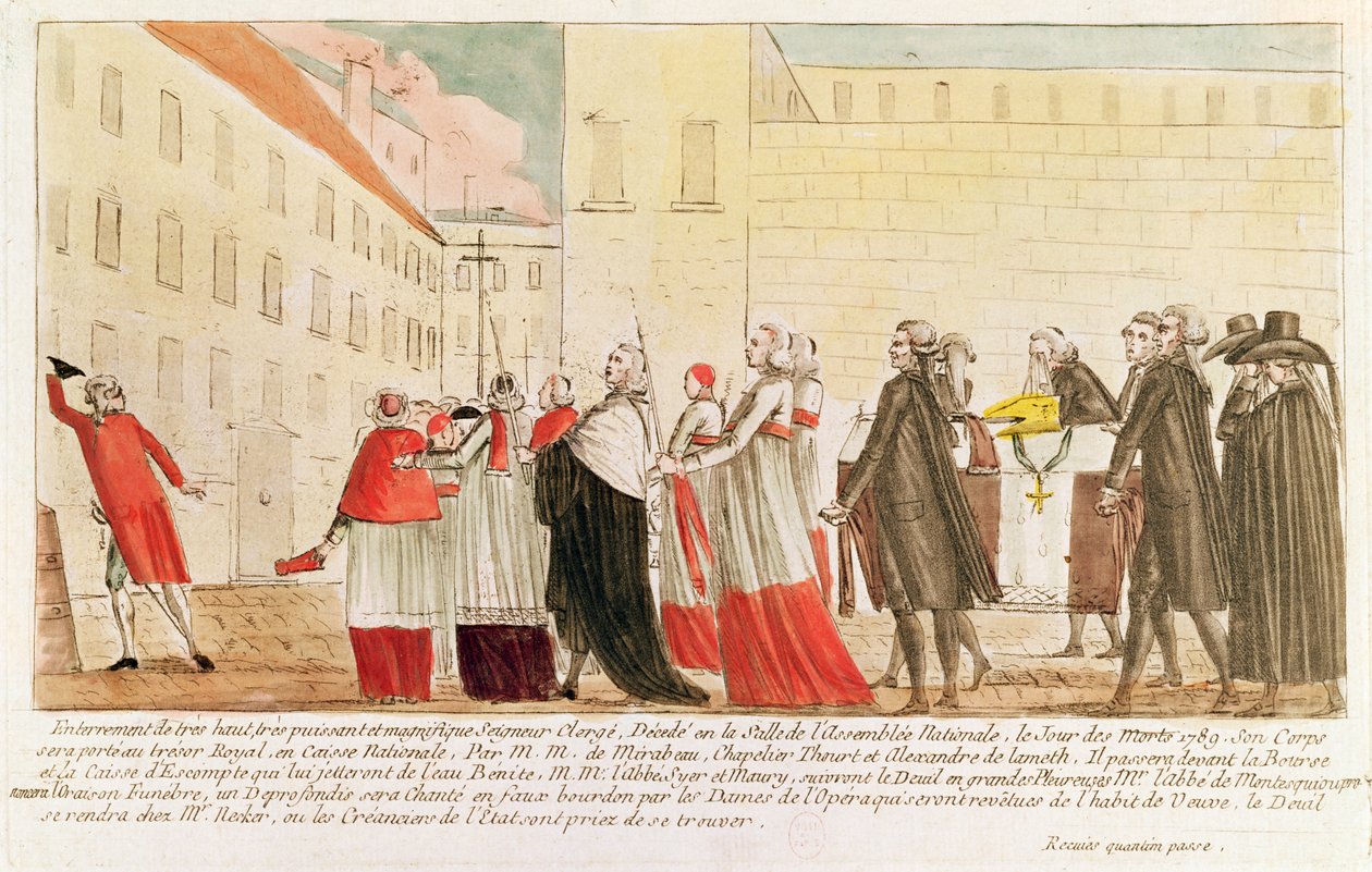 Caricatura do enterro do clero após a nacionalização da propriedade da Igreja, 1789 (caneta e tinta no papel) de French School