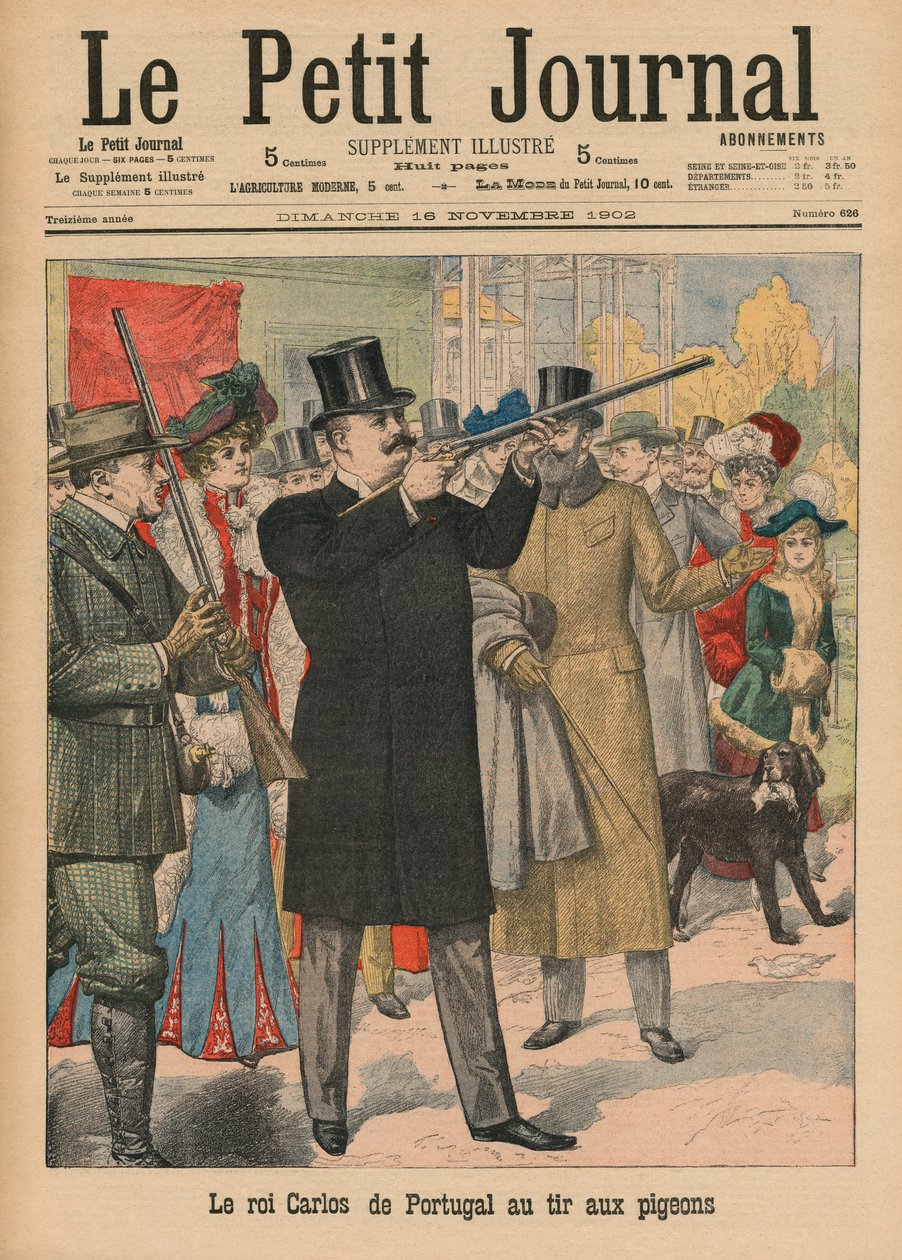 Carlos I, rei de Portugal e dos Algarves, apontando um rifle para pombos, ilustração da capa do &39;Le Petit Journal&39;, suplemento ilustrado, 16 de novembro de 1902 de French School