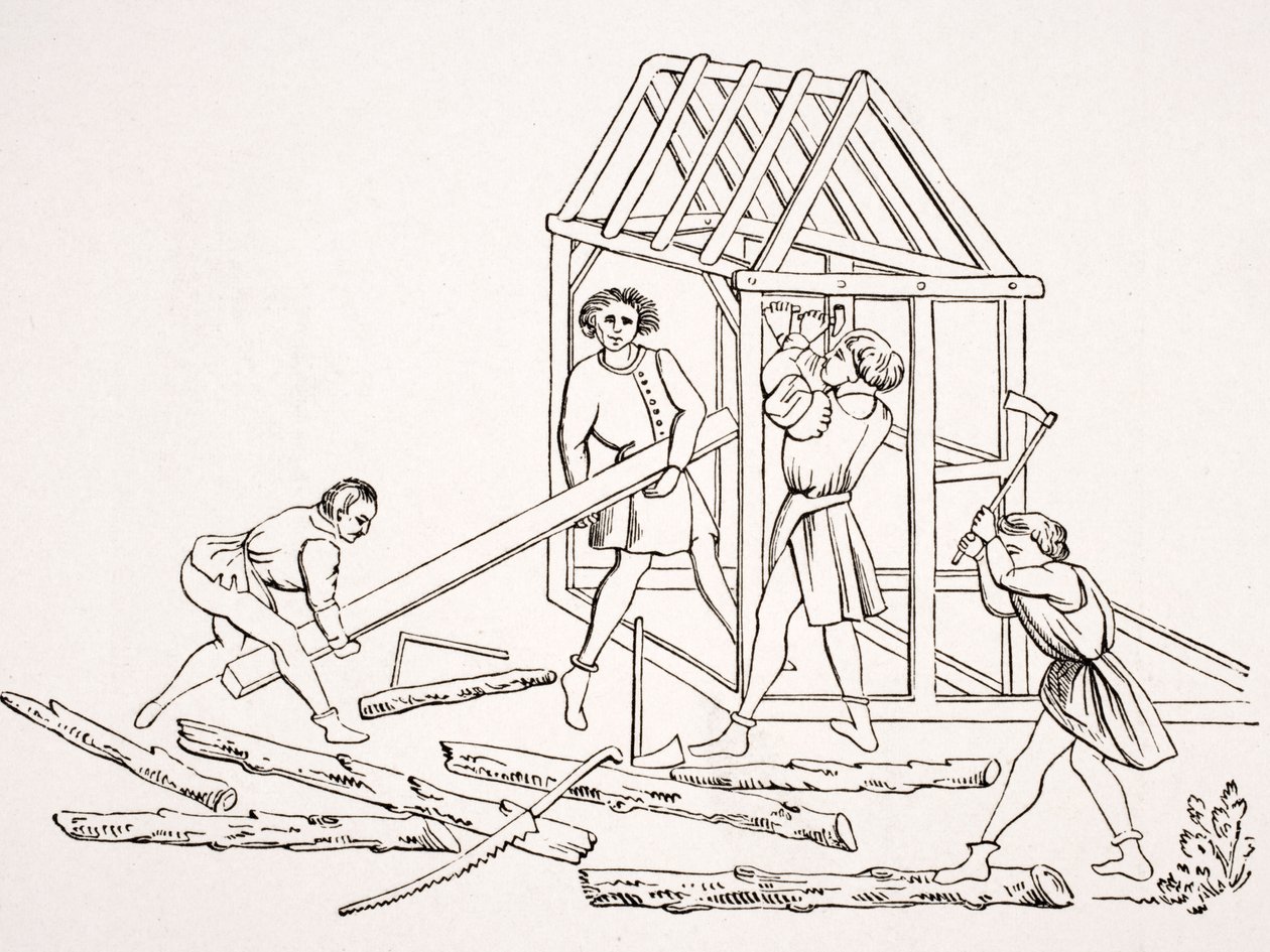Carpinteiros, depois de uma miniatura em um manuscrito do século XV, "Crônicas de Jainaut", de "A Idade Média e o Renascimento", de Paul Lacroix (1806-84), publicaram 1847 de French School
