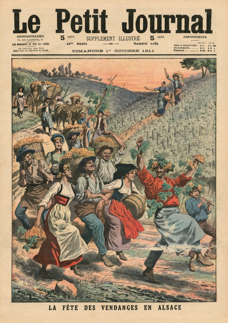 Celebrando a colheita de vinho na Alsácia, ilustração de &39;Le Petit Journal&39;, suplemento ilustre, 1º de outubro de 1911 de French School