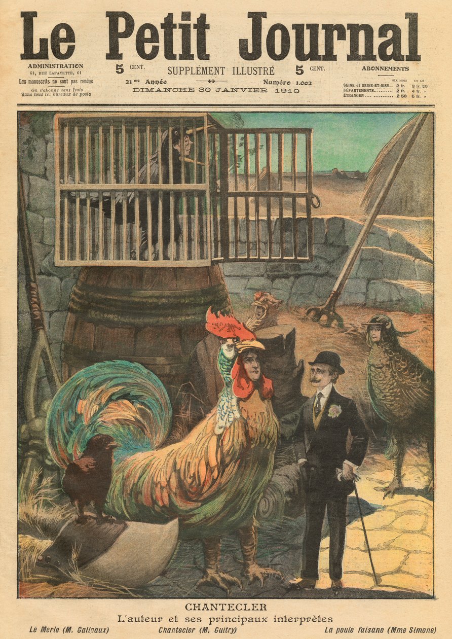 &39;Chantecler&39;, o autor Edmond Rostand e seus principais atores, ilustração de &39;Le Petit Journal&39;, suplemento ilustre, 30 de janeiro de 1910 de French School