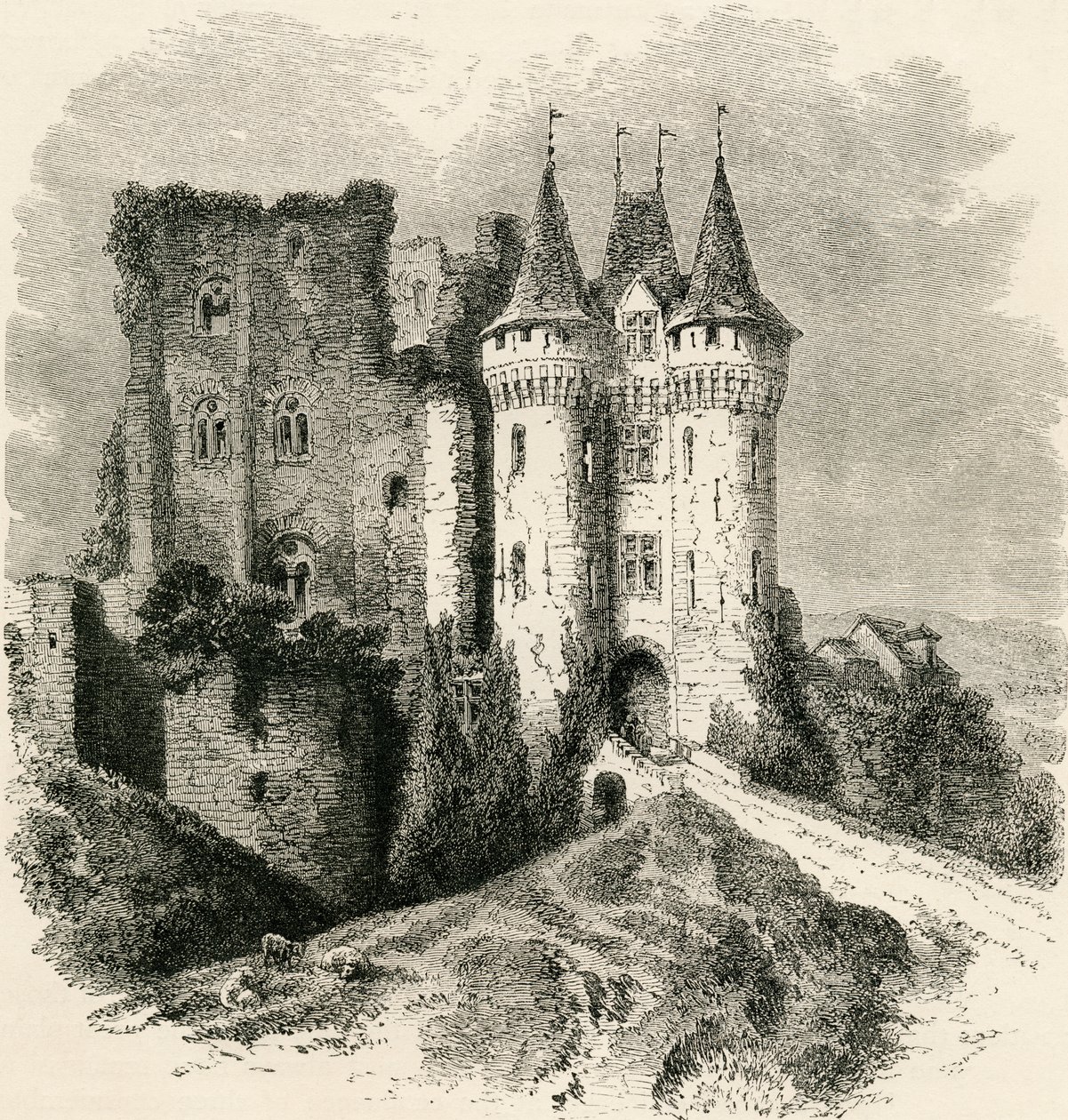 Chateau Saint-Jean em Nogent-le-Rotrou, França, no século 19, de "Imagens francesas" pelo Rev. Samuel G. Green, publicado em 1878 de French School