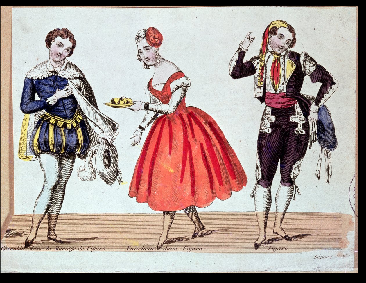 Cherubino, Fanchette e Figaro, cena de &39;O casamento de Figaro&39; por Pierre Agostin Caron de Beaumarchais (1732-99) 1784 de French School