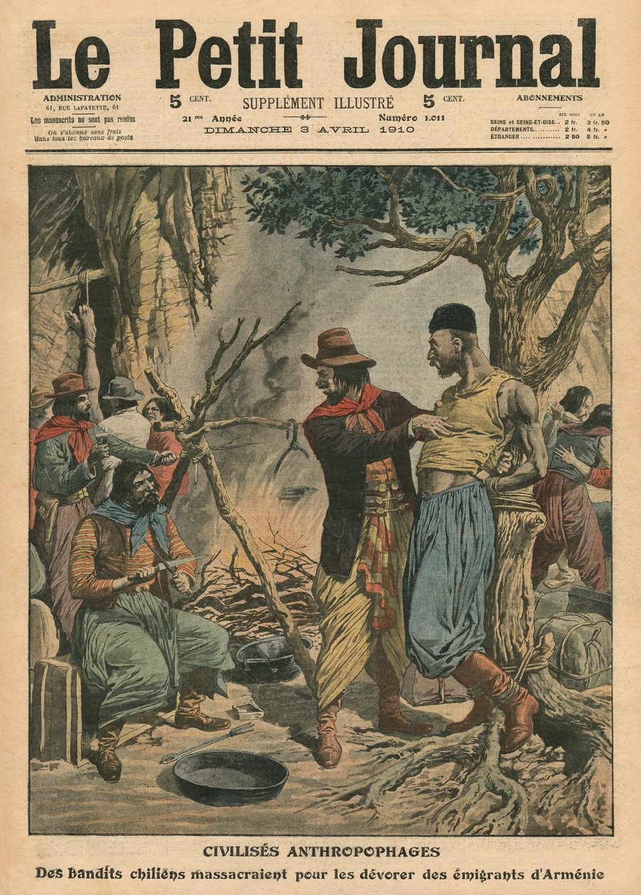 Bandidos chilenos devorando emigrantes armênios, ilustração de &39;Le Petit Journal&39;, suplemento ilustre, 3 de abril de 1910 de French School