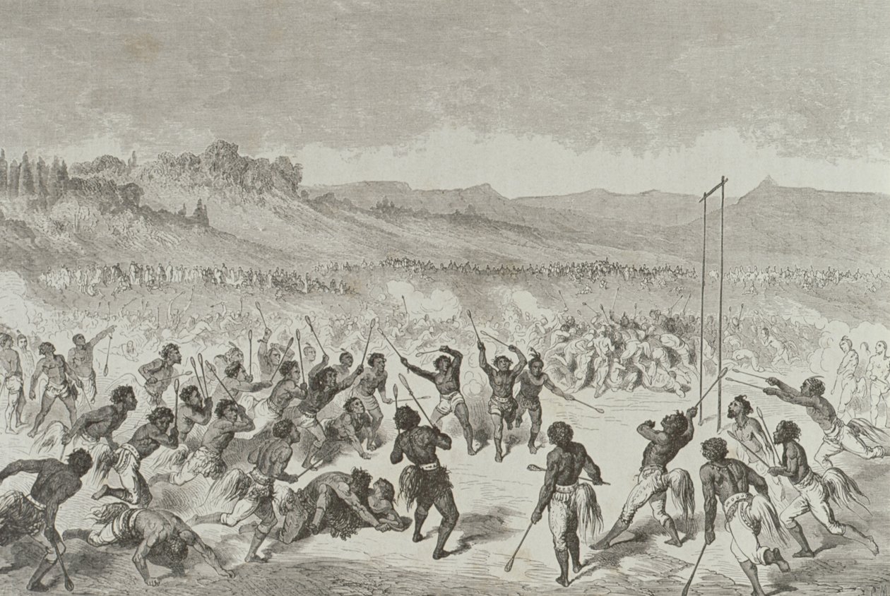 Índios de Choctaw que jogam um jogo de bola nos anos 1850, de &39;Le Tour du Monde&39;, publicado em Paris, 1860s de French School