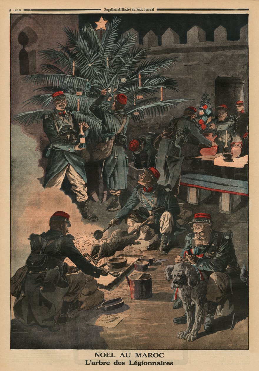 Natal no Marrocos, a árvore de Natal dos legionários, ilustração da capa traseira do &39;Le Petit Journal&39;, suplemento ilustre, 28 de dezembro de 1913 de French School