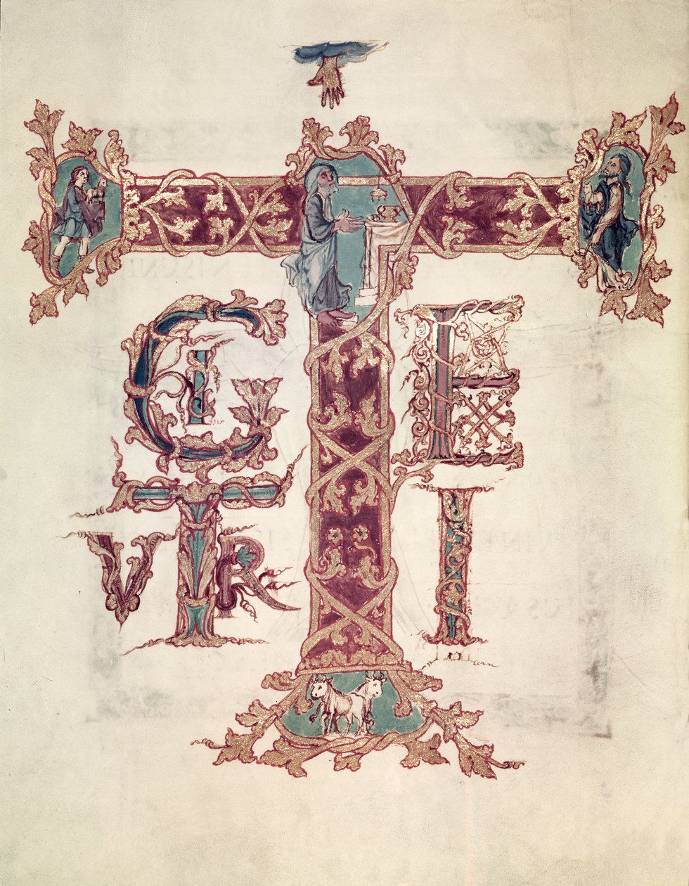 Col Lat 9428 f.15v Inicial &39;T&39;; A Ascensão de Cristo, do &39;Drogo Sacramentário&39;, Carolingian de French School