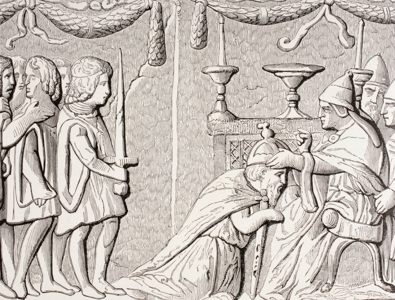 Coroação do Imperador Sigismundo pelo papa Eugênio IV em 1433, depois de um baixo-relevo em uma porta de São Pedro, Roma, de &39;Les Arts au Moyen Age&39;, publicado em 1873 de French School