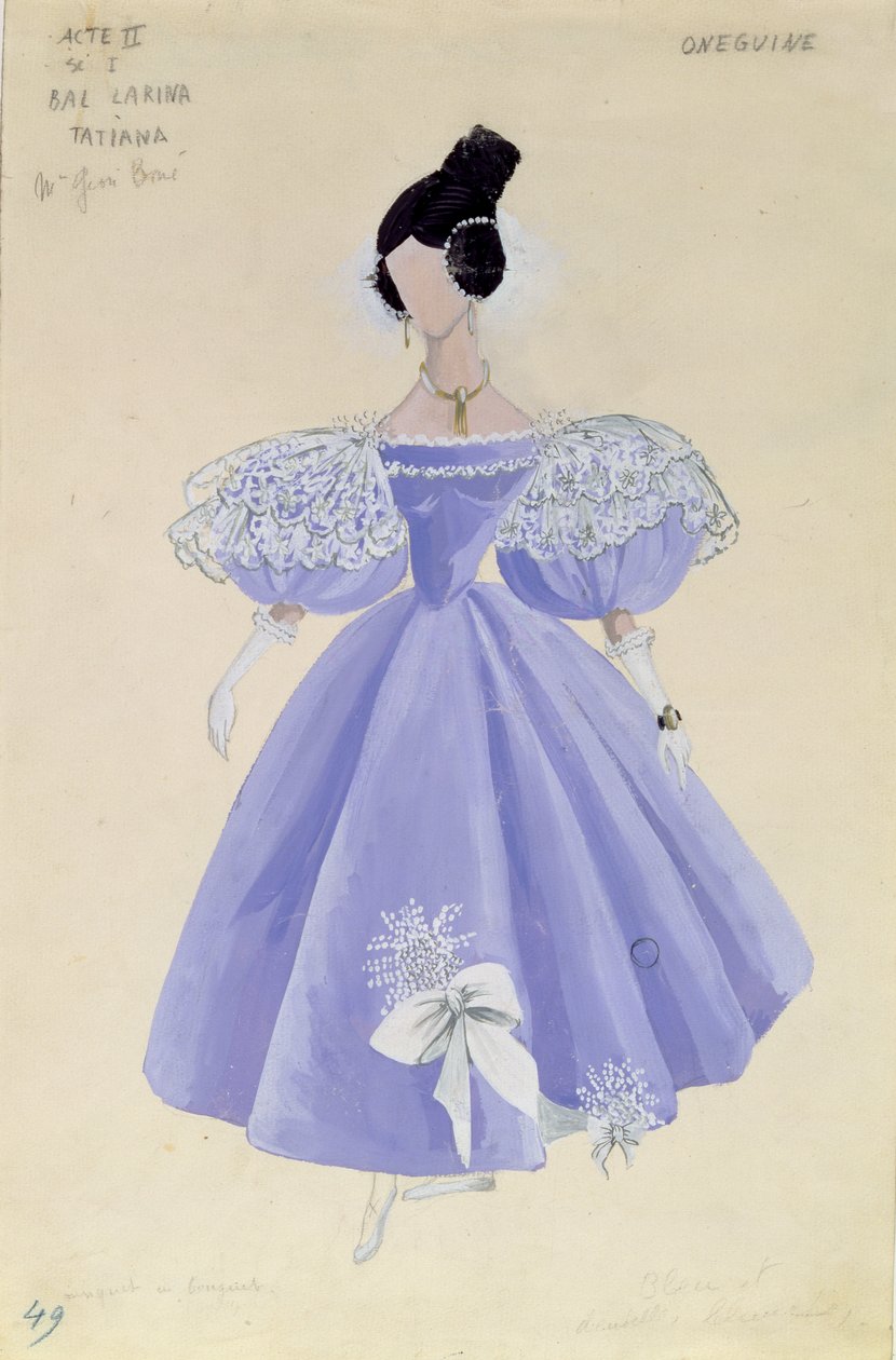 Figurino para Tatania na ópera &39;Eugene Onegin&39; de Tchaikovsky (1840-93) de French School