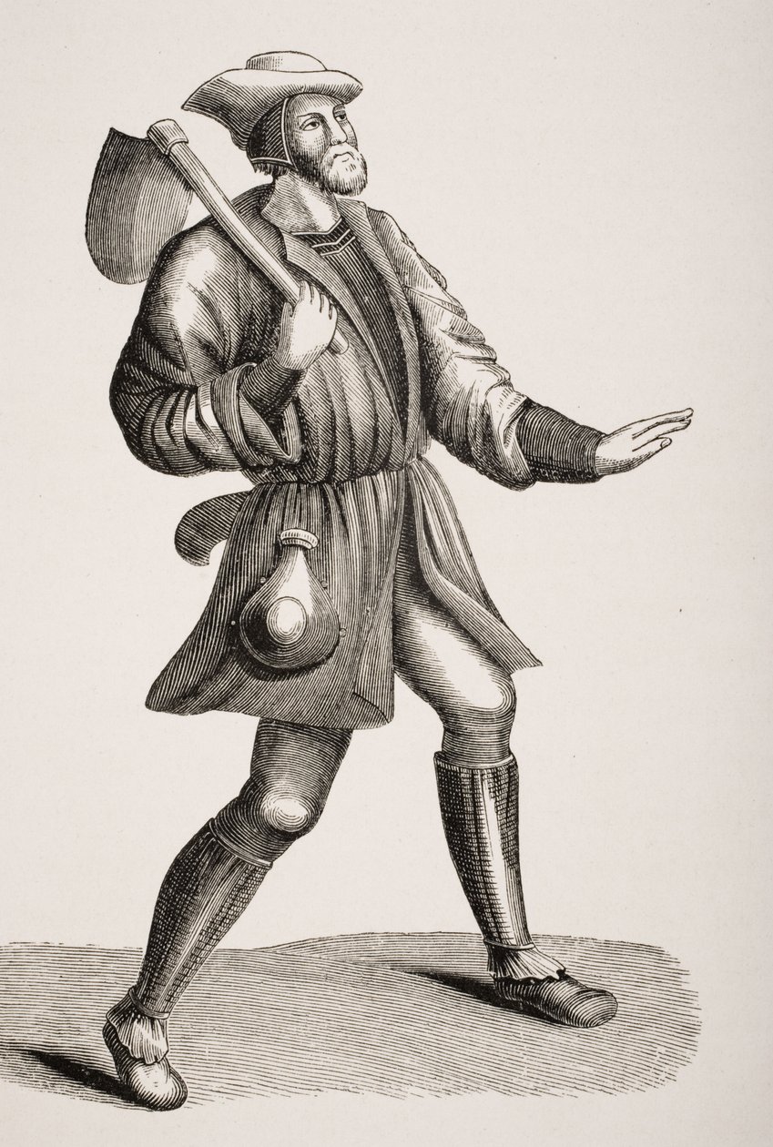 Traje de um camponês, depois de uma miniatura do século XV, de "Le Moyen Age et La Renaissance", de Paul Lacroix (1806-84), publicado em 1847 de French School