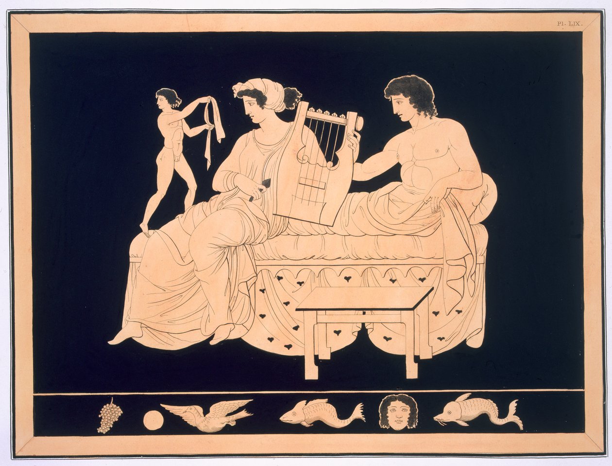 Casal relaxante com uma lira, publicada 1808-10 88: ilustração de uma ligação de peintures de vasos antiguidades Vulgairement Appeles Etrusques por Aubian Louis Millin de Grandmaison, com eu de French School