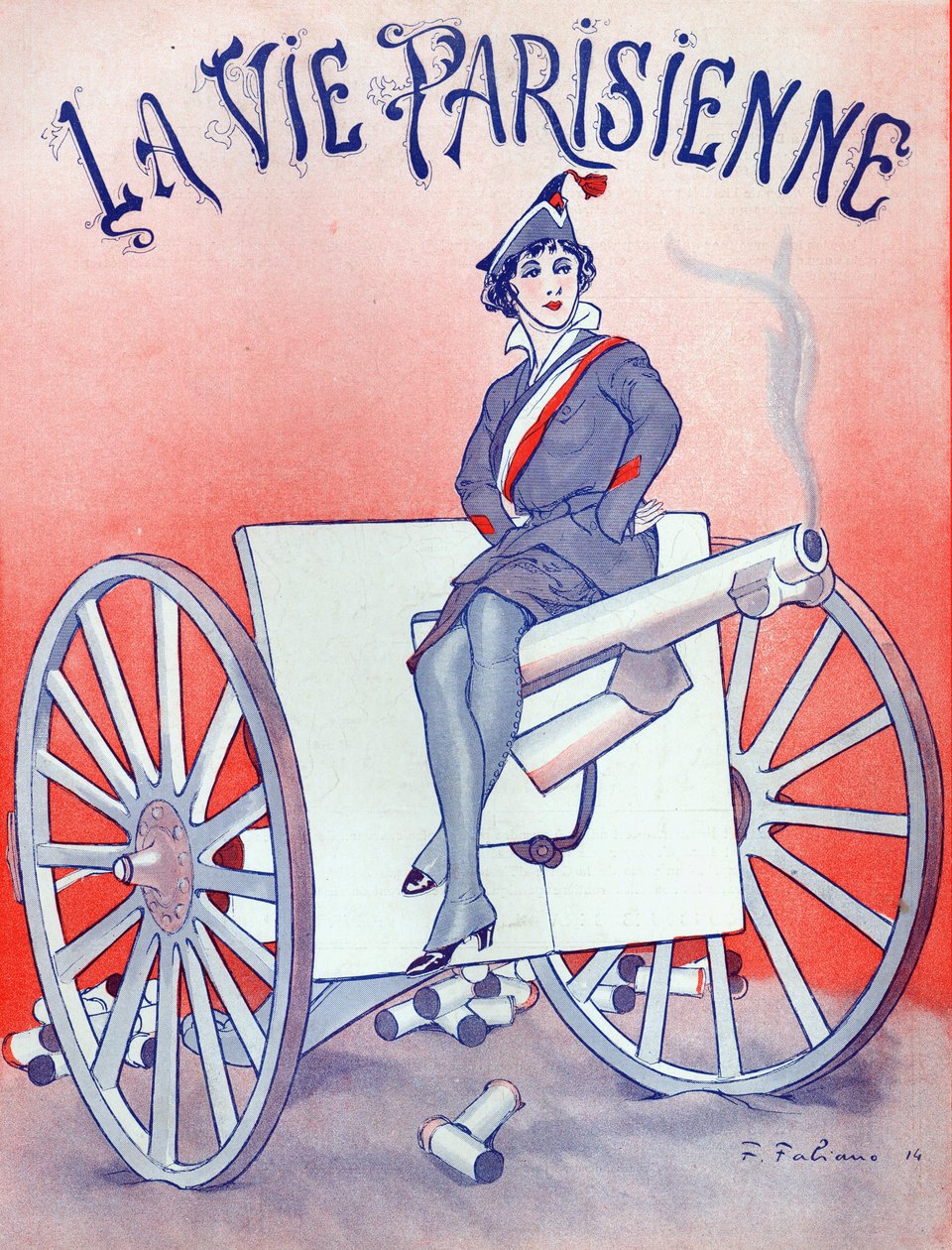 Capa de &39;La Vie Parisienne&39;, mulher sentada no cano de uma arma, 16 de janeiro de 1915 de French School