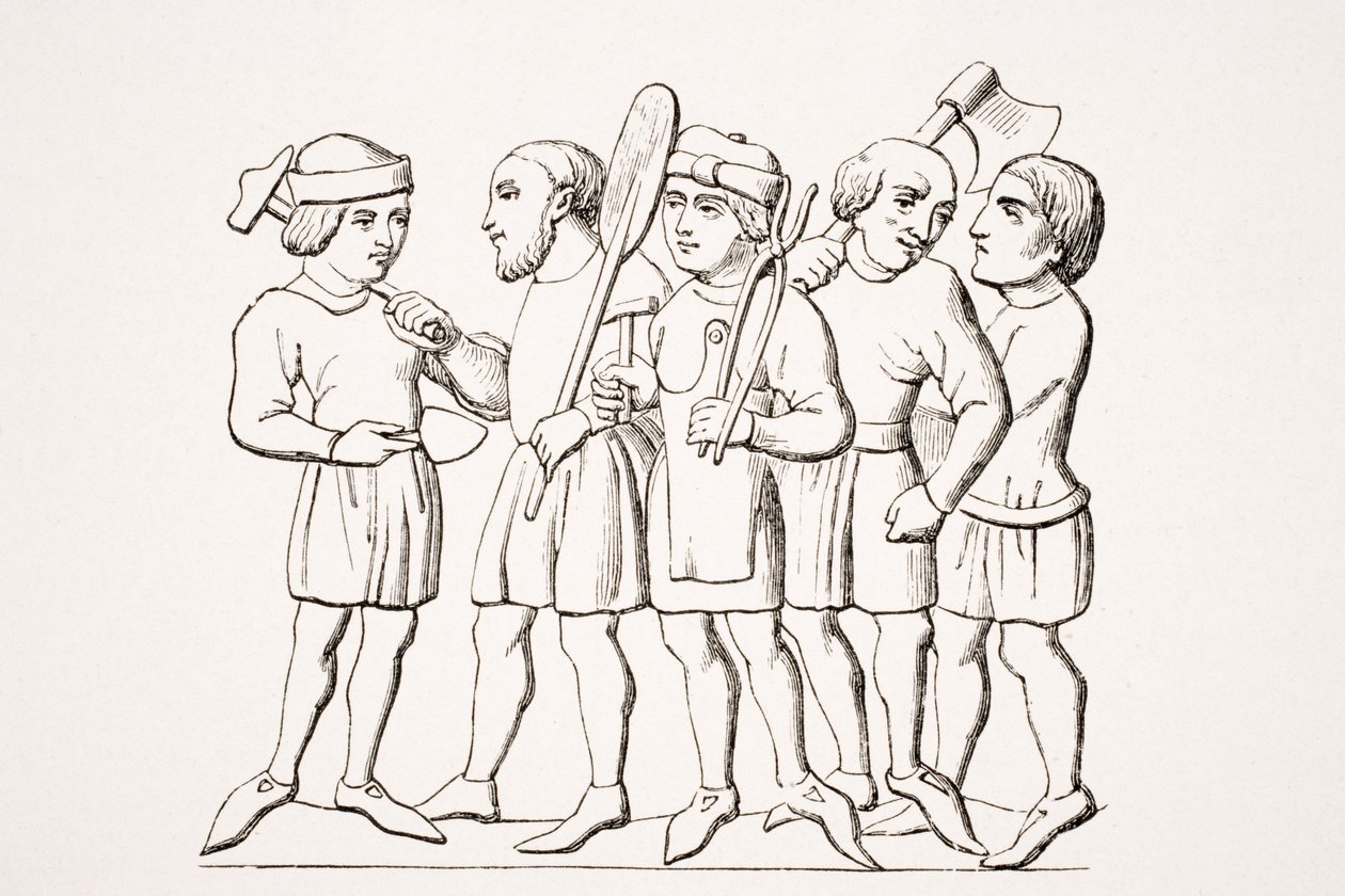 Artesãos, reprodução de uma miniatura em um manuscrito do século XIV, de "Le Moyen Age et La Renaissance", de Paul Lacroix (1806-84), publicado em 1847 de French School