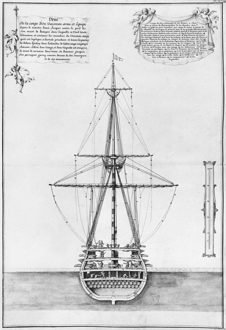 Secção transversal de um navio armado e equipado, ilustração do "Atlas de Colbert", placa 45 (lápis e wc no papel) de French School