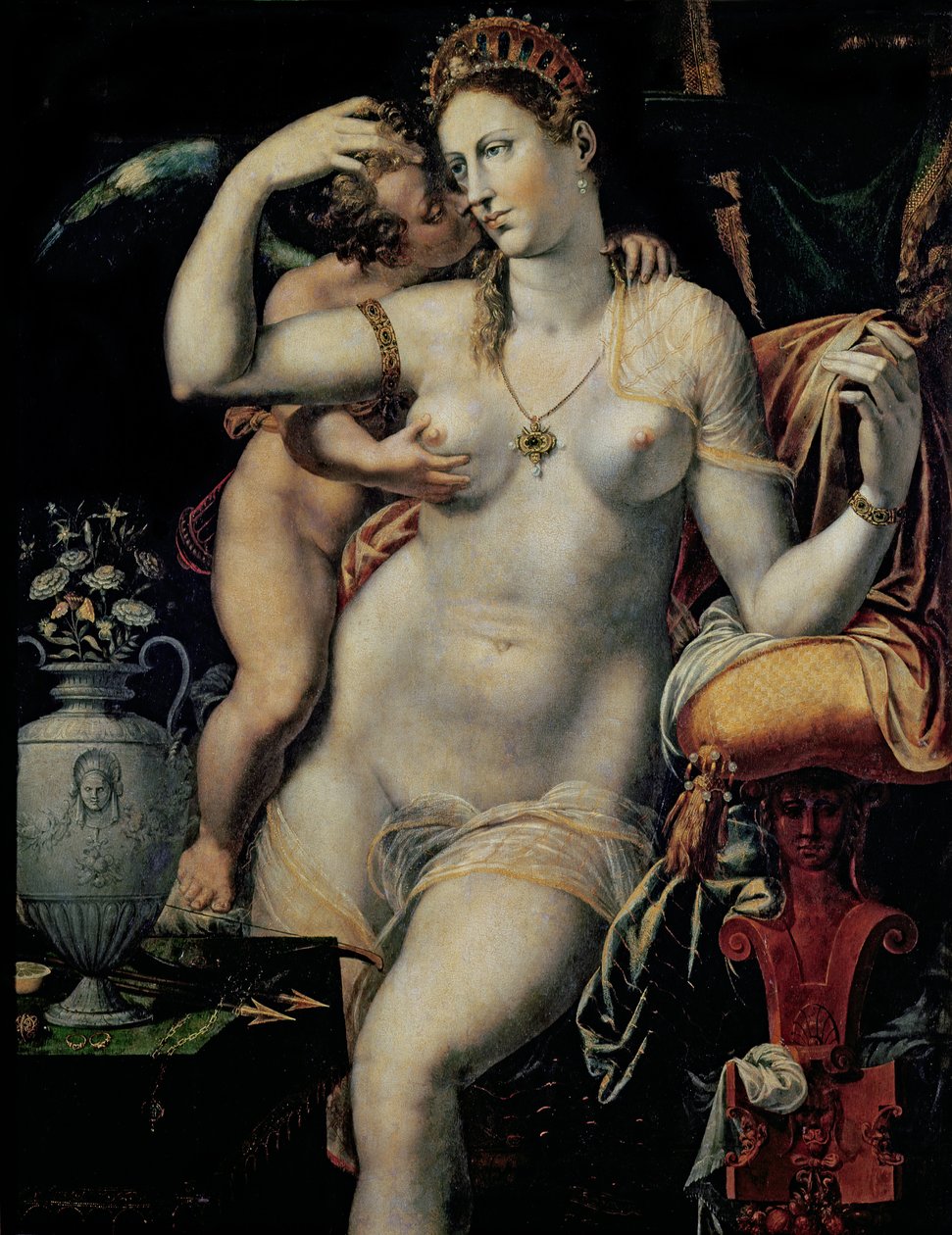 Cupido acariciando Vênus de French School