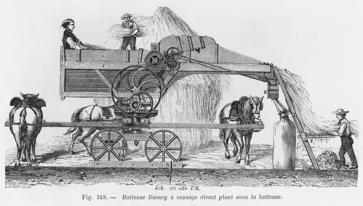 Damey máquina de debulhar com um sistema rotativo, ilustração de &39;Dictionnaire de l&39;Industrie&39; por EO Lami, c.1850 de French School