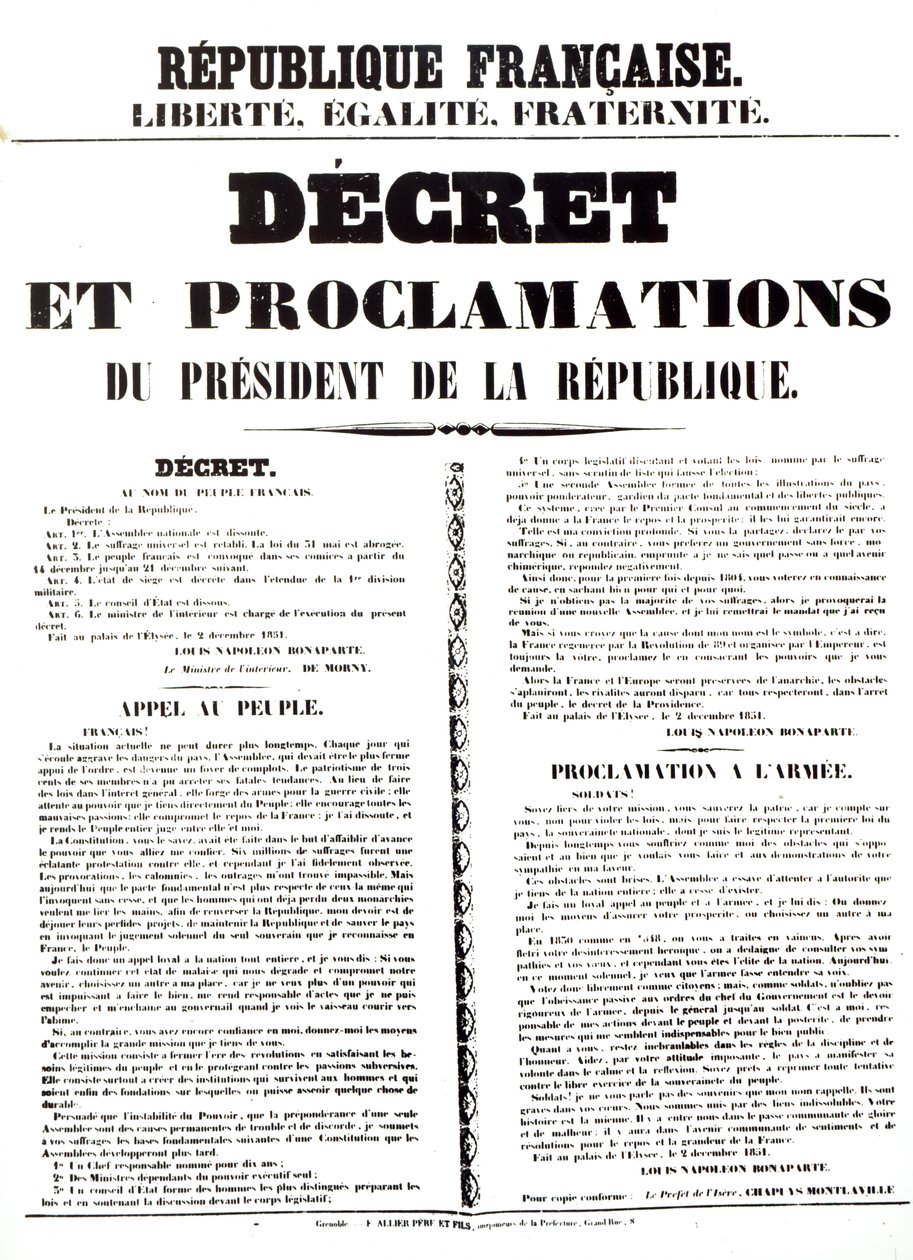 Decreto e Proclamação de Luís Napoleão Bonaparte III (1808-1873), Presidente da República, 2 de dezembro de 1851 de French School