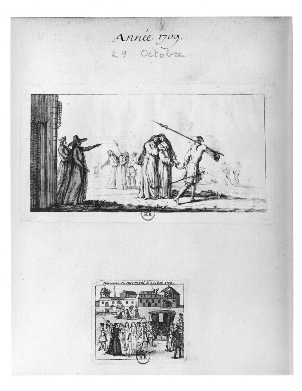 Destruição de Port-Royal des Champs e detenção das freiras em 29 de outubro de 1709 (gravura) (foto bw) de French School