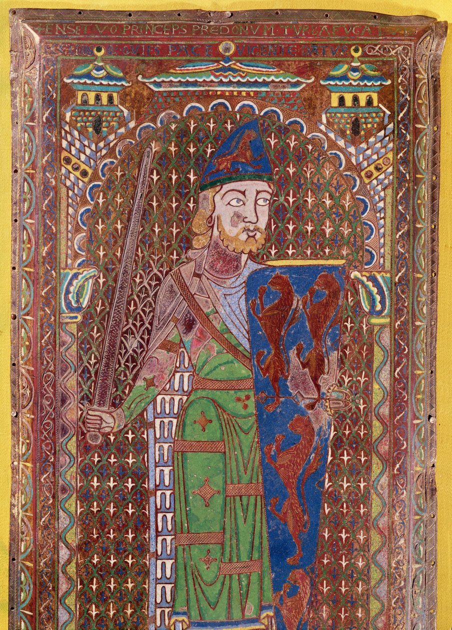 Detalhe da placa do túmulo de Geoffrey Plantagenet, c.1151-55 (esmalte em cobre dourado) (ver também 179331) de French School