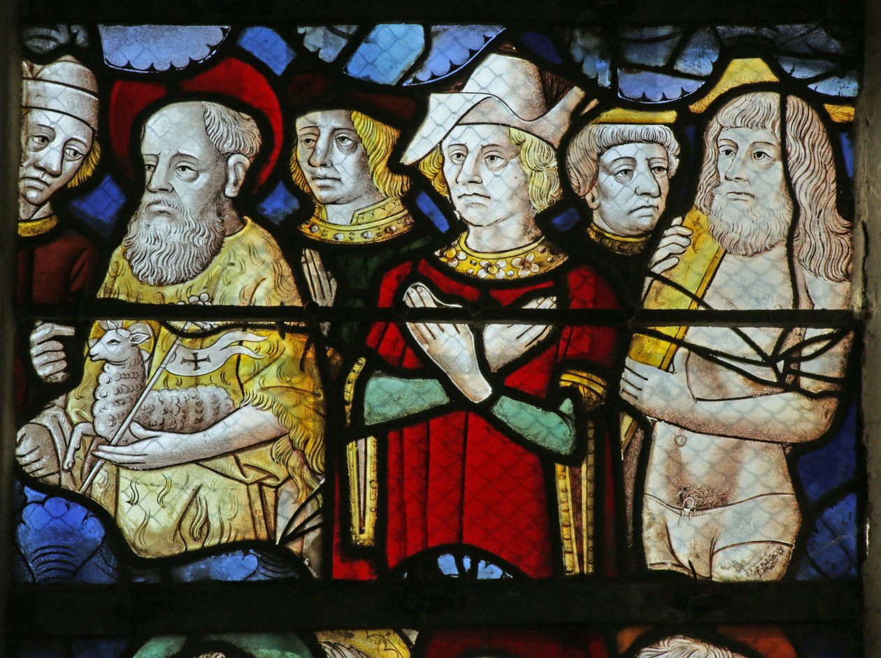 Detalhe da janela representando pessoas na segunda vinda de Cristo, 1470-1500 (detalhe de 2921838) de French School