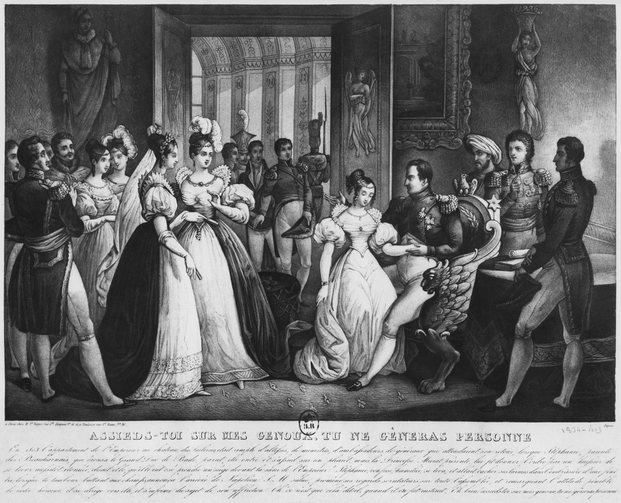 "Sente-se de joelhos, isso não incomodará ninguém" ou uma cena da corte, 1803 (gravura) (foto bw) de French School
