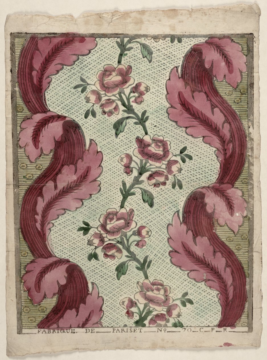 Papel de dominó com fileiras de rosas, produzido por Pariset, Lyon, c.1760-70 de French School